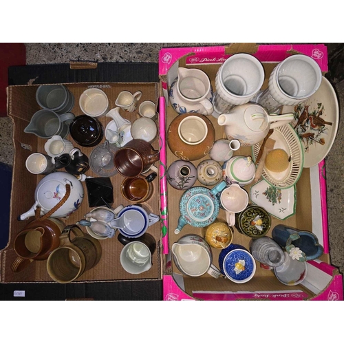 43 - 2 CARTONS OF MIXED CHINAWARE INCL; VASES, TEA POTS, MUGS & HONEY POTS