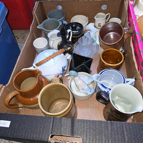 43 - 2 CARTONS OF MIXED CHINAWARE INCL; VASES, TEA POTS, MUGS & HONEY POTS