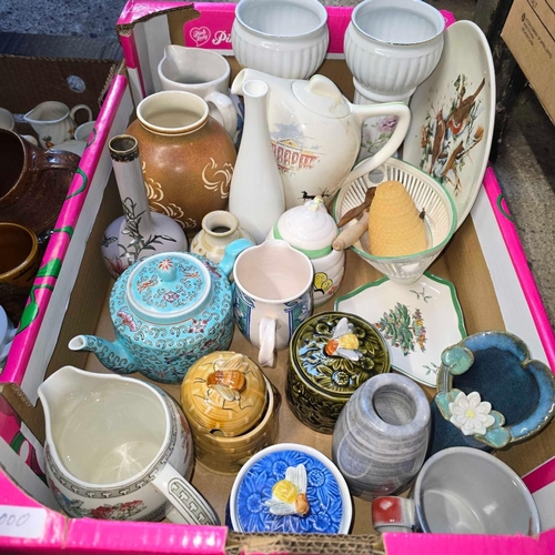 43 - 2 CARTONS OF MIXED CHINAWARE INCL; VASES, TEA POTS, MUGS & HONEY POTS