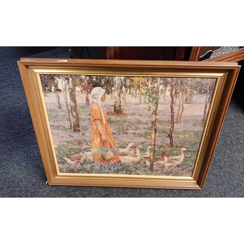 467 - FRAMED PICTURE OF A WOMAN WITH GEESE, FRAMED LANDSCAPE SCENE & A FRAMELESS PICTURE OF HILL SCENE WIT... 