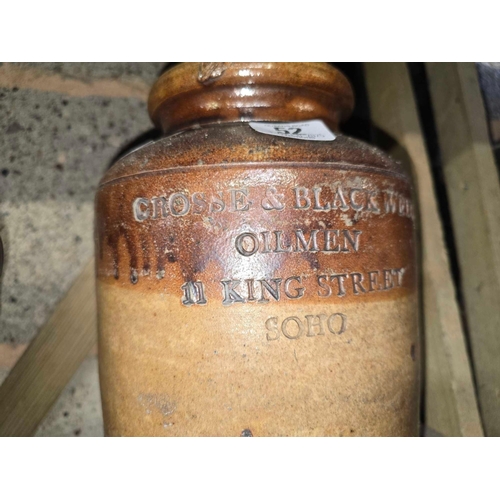 52 - 3 STONE GLAZED JARS, 1 MARKED CROSS & BLACKWELL, OILMEN 11 KING STREET SOHO