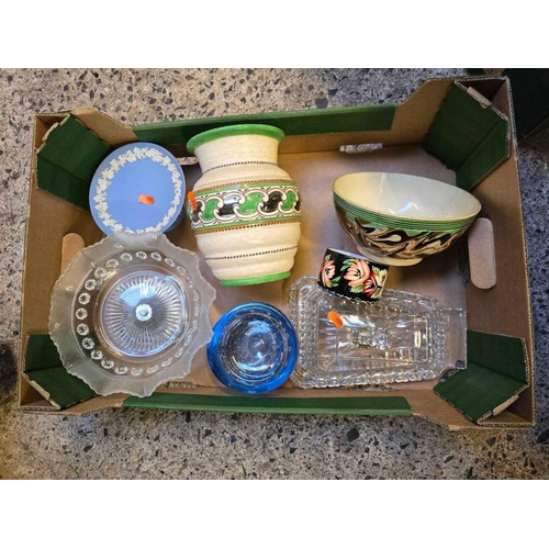 59 - CARTON WITH MISC GLASSWARE, CROWN DUCAL JUG & OTHER CHINA, 1 BOWL WITH MINOR CRACKS