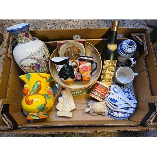 60 - CARTON WITH MISC CHINA INCL; A WADE PARROT JUG, BLUE & WHITE CHINA, SMALL CHARACTER FIGURES, OTHER P... 