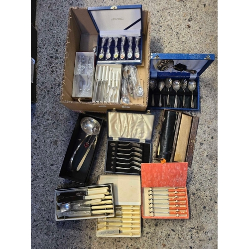 62 - A CARTON OF MIXED BOXED CUTLERY, FISH LADLE, FISH KNIVES & FORKS