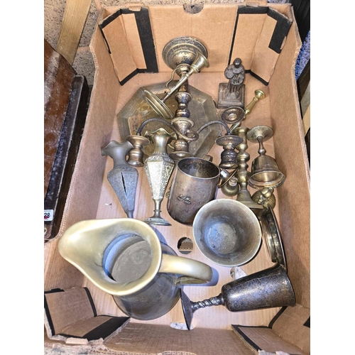 64 - CARTON WITH MISC BRASS & OTHER METALWARE INCL; PESTLES, TANKARD, 3 BRANCH CANDLESTICK