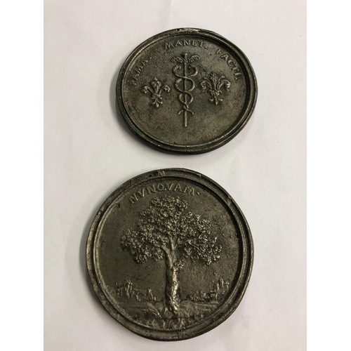 665 - 2 LARGE METAL MEDALLIONS