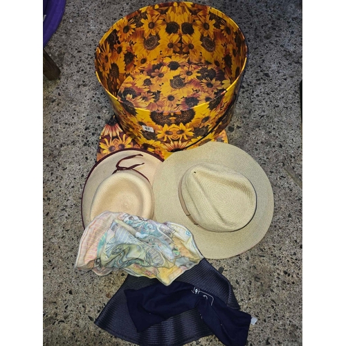 67 - SUNFLOWER HAT BOX WITH VARIOUS SUN HATS