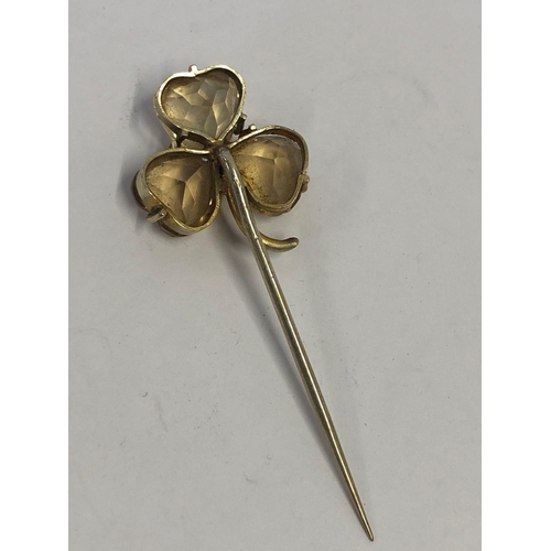 709 - PRETTY CITRINE 3 LEAF CLOVER STICK PIN