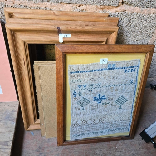 72 - 4 PINE PICTURE FRAMES WITH BACKING & GLASS, 20'' X 16'' & A EMBROIDERED SAMPLER BY MARGARET TIMMIS A... 