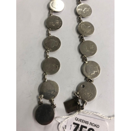 750 - SILVER 4 PENCE'S COIN BRACELET, MAINLY VICTORIAN COINS, APPROX 40g