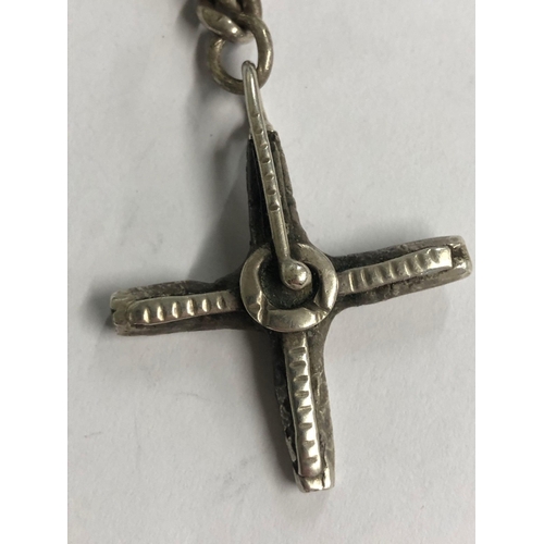 751 - RELIGIOUS SILVER CROSS NECKLACE ON DOUBLE ALBERT CLASP, 53g