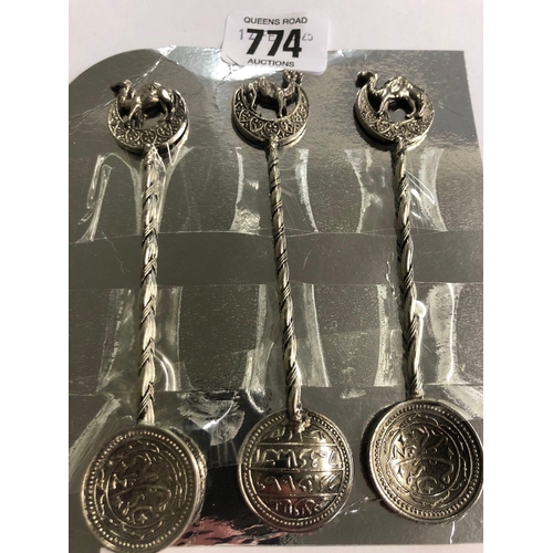 774 - 3 ISLAMIC SPOONS WITH CAMEL FINIAL'S POSSIBLY SILVER