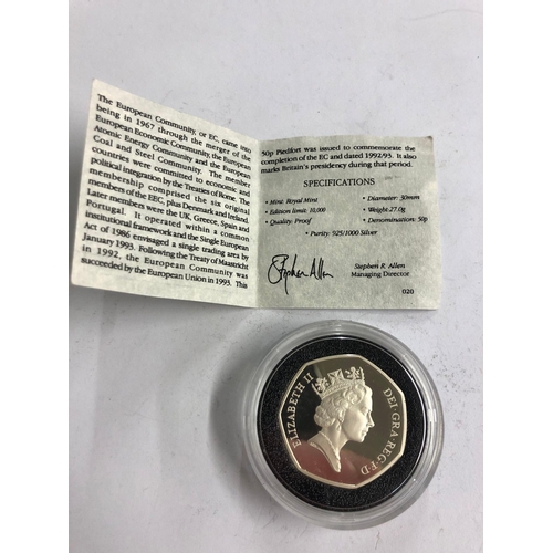 805 - ROYAL MINT DUAL DATED 1992/1993 .925 SILVER PROOF PIEDFORT FIFTY PENCE WEIGHT 27.0G WITH C.O.A.