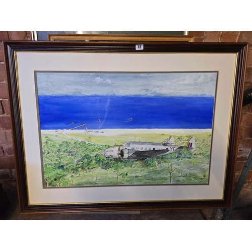 83 - FRAMED WATERCOLOUR OF A HUDSON AEROPLANE OVER SEA & JUNGLE SIGNED BY ARTIST