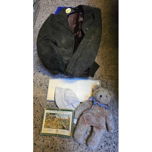 84 - CARTON WITH VINTAGE TEDDY BEAR, WOODEN JIGSAW, WHITE WOOL SCARF & A LADIES SUEDE JACKET