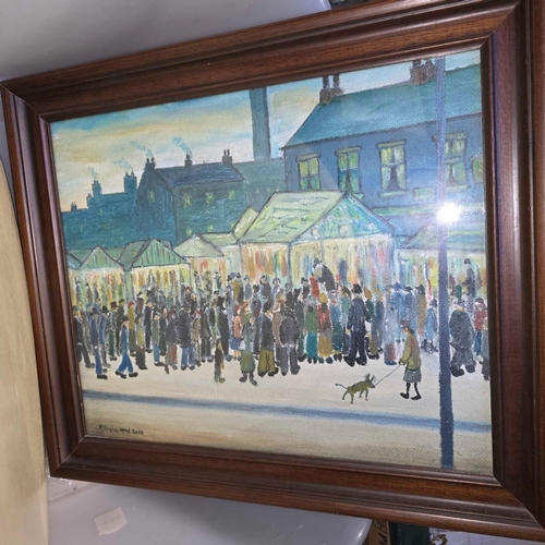 96 - CARTON WITH 2 PICTURES, GILT FRAMED MIRROR A/F, A TRAY & A PRINT OF LF LOWRYS 'THE LINO MARKET' PAIN... 