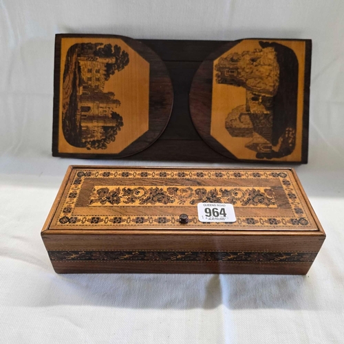 964 - TUNBRIDGE WARE MARQUETRY BOX & SLIDING BOOK END