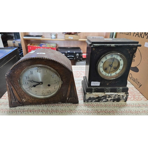 971 - VINTAGE BLACK SLATE CLOCK & A WOOD CASED MANTEL CLOCK