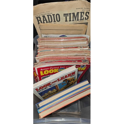 99 - CARTON WITH MISC LOOK & LEARN MAGAZINES, AND ALBUMS, VINTAGE RADIO TIMES & DAILY TELEGRAPH