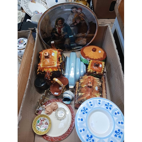 115 - 3 CARTONS OF MIXED CHINA, VASES, CONTAINERS, COTTAGE STYLE CHEESE DISH & TEA POT & A TORBAY POTTERY ... 