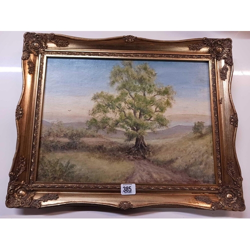 385 - FRAMED OIL PAINTING OF A RIVER SCENE, A FRAMELESS OIL ON CANVAS & A GILT FRAMED PAINTING ON BOARD