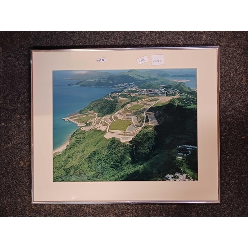 410 - MODERN FRAMED MIRROR, FRAMED AERIAL PICTURE OF HONG KONG UNIVERSITY &  F/G PICTURE OF THE MODEL OF H... 