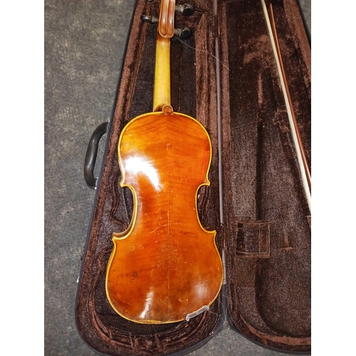 464 - 19TH CENTURY VIOLIN & BOW IN MODERN CASE WITH BRIDGE OTHER SPARES AND ROSIN  ETC.