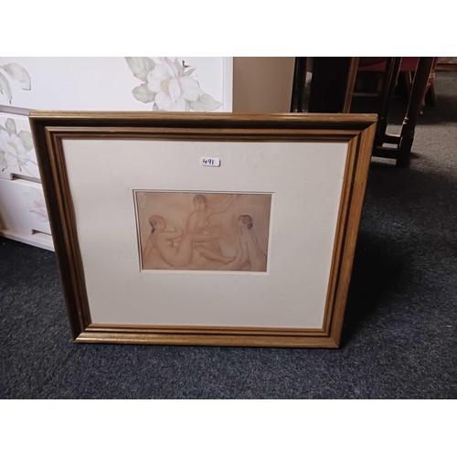 491 - F/G BALLERINA PRINT, F/G COUPLE EMBRACING PRINT, FRAMED OIL ON CANVAS OF YOUNG GIRL & A F/G PRINT OF... 