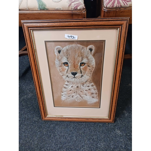 492 - F/G PICTURE OF A CHEETAH, PORTRAIT OF A GENTLEMAN, PRINT OF ROSS WIER & A PRINT OF PENNILESS PORT IN... 