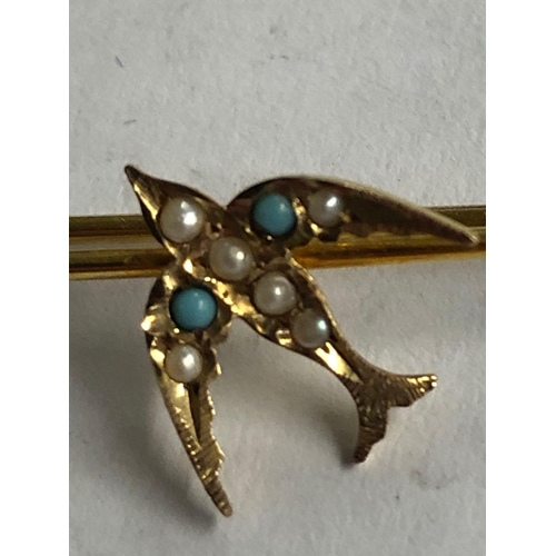 861 - 9ct EDWARDIAN BIRD BROOCH SET TURQUOISE & PEARLS