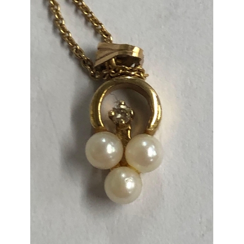 888 - 9ct GOLD CHAIN WITH DIAMOND & PEARL PENDANT