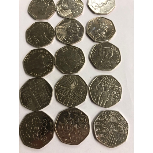 901 - FIFTY PENCE COINS (18) INCL; PRIDE, GIRL GUIDE, PADDINGTON BEAR, THE TAYLOR OF GLOUCESTER