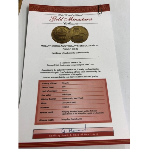 929 - A SMALL PURE GOLD PROOF MONGOLIAN COIN WITH COA