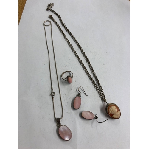 964 - 2 SILVER NECKLACE & EARRINGS, CAMEO EXAMPLE