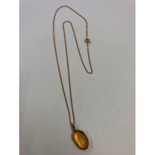 971 - A GOOD CITRINE DROP PENDANT ON A 9ct GOLD NECK CHAIN, 4.8g