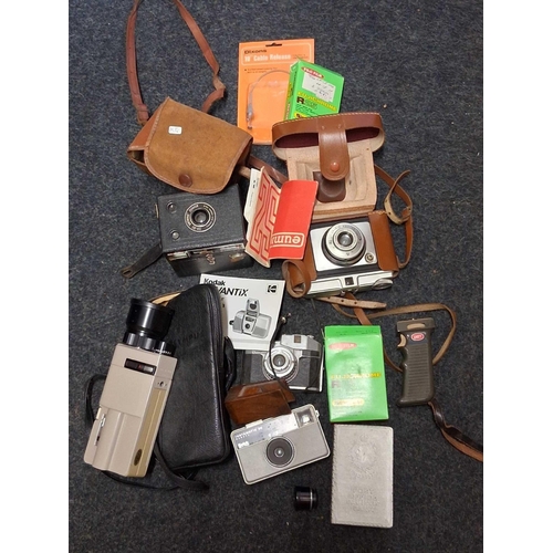 1004 - CARTON WITH MISC OLD CAMERA'S INCL; BROWNIE BOXED CAMERA, COMET, OLD POST OFFICE MONEY BOX & BRIC--B... 