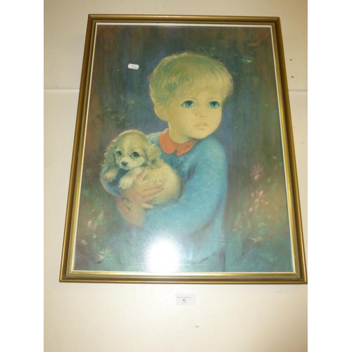 43 - Retro glazed and framed colour print of boy with puppy