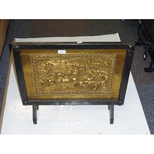 113 - Vintage brass and wood fire screen