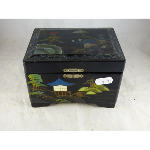 318 - Chinese black lacquer musical jewellery box and contents