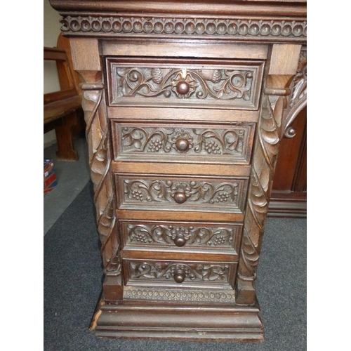 349 - Carved oak antique desk with twin pedestal and modesty panel