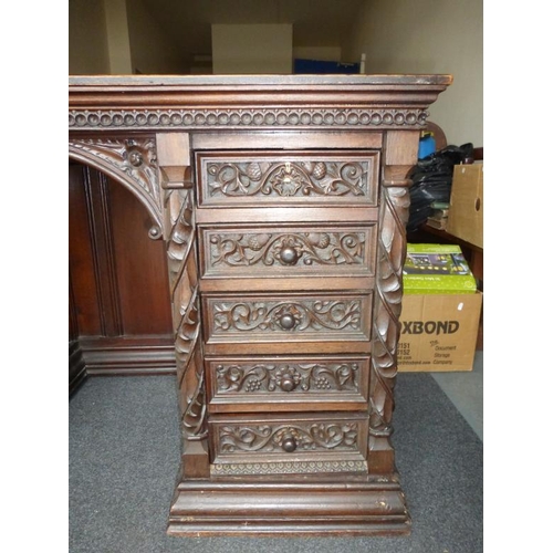 349 - Carved oak antique desk with twin pedestal and modesty panel