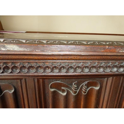 349 - Carved oak antique desk with twin pedestal and modesty panel