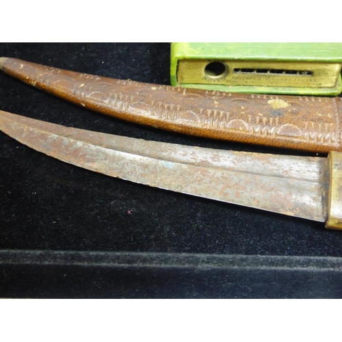 257 - Mixed Tray of Collectibles including Retro Table Lighters, Preston Group Savings Book, and Horn Hand... 