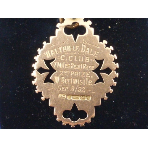 109 - Victorian 9ct Gold Medal Fob with Presentation Inscription Walton Le Dale C Club 7 Mile Road Race 2n... 