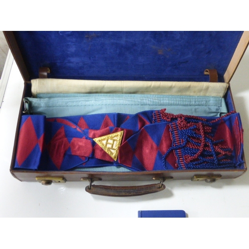 121 - Collection of Masonic Regalia and Ephemera contained within Vintage Leather Case and Pouch