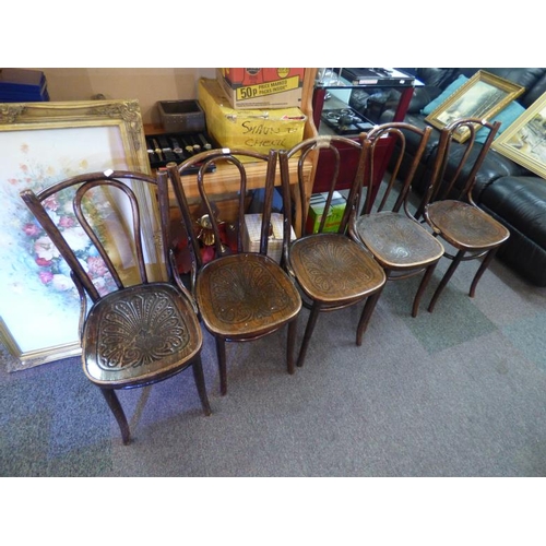 213 - Five Bentwood Bistro Chairs with patterned seat. Require TLC