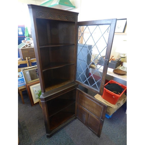 503 - Oak Corner Cabinet with leaded glass and key