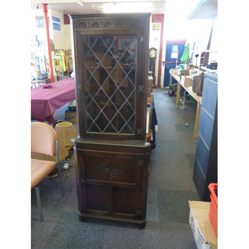 503 - Oak Corner Cabinet with leaded glass and key