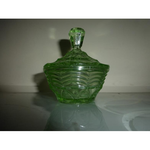 88 - Collection of Uranium Glass Including Tray, Pair of Candlesticks, Pin Dish and More