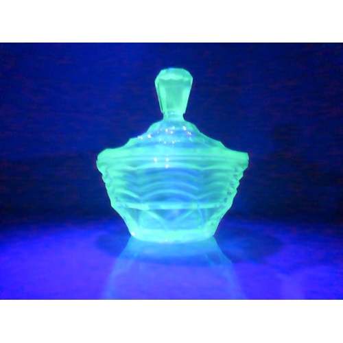 88 - Collection of Uranium Glass Including Tray, Pair of Candlesticks, Pin Dish and More